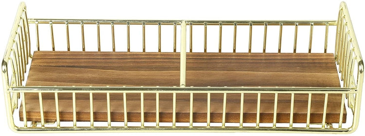 Retro Cassette Tape Storage Rack with Brass Tone Metal Wire Frame and Burnt Wood Base-MyGift