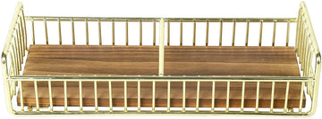 Retro Cassette Tape Storage Rack with Brass Tone Metal Wire Frame and Burnt Wood Base-MyGift