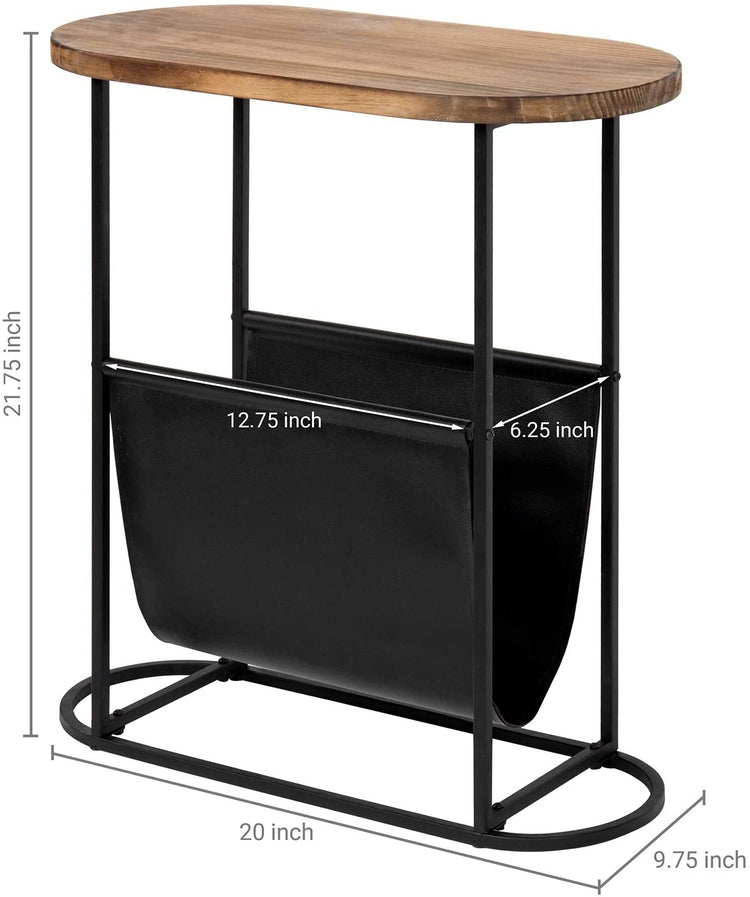 Oval-Shaped Burnt Wood and Black Metal Accent End Table with Magazine Sling Holder-MyGift