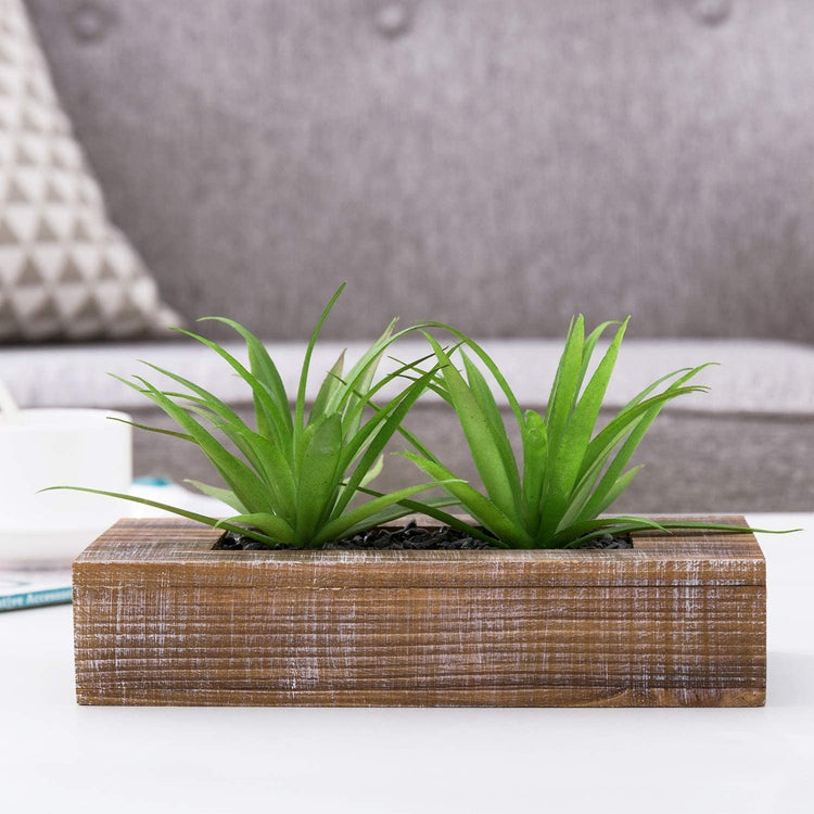 Dark Brown 10 inch Artificial Green Grass Plants in Wood Rectangular Planter Pot