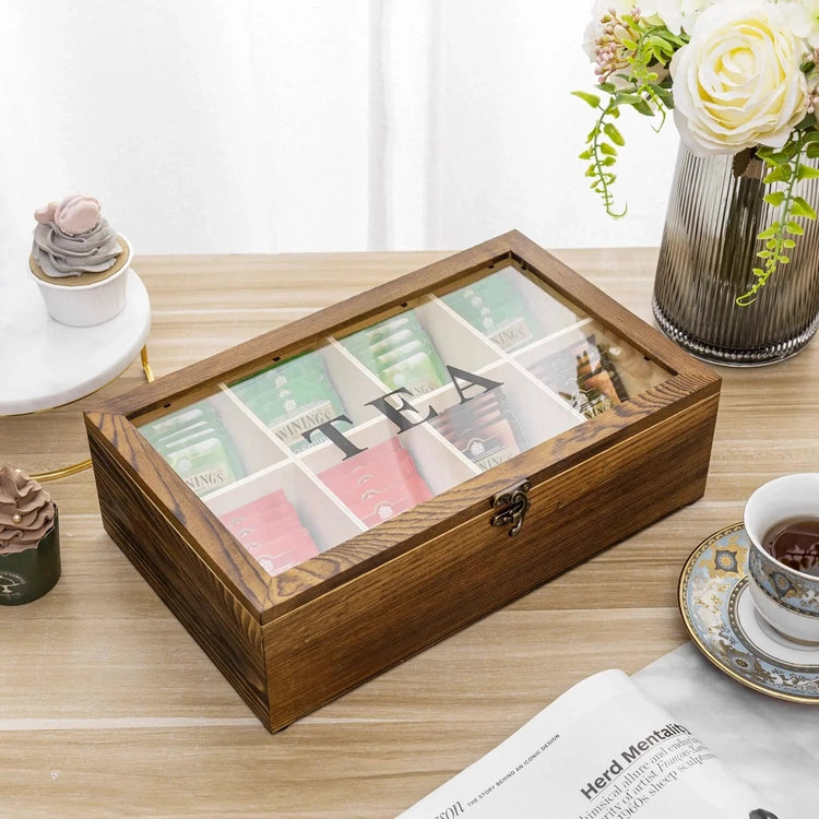 Burnt Brown Wood Tea Bag Organizer Box, Teabag Storage Chest with TEA Lettering on Clear Lid and Vintage Style Latch-MyGift