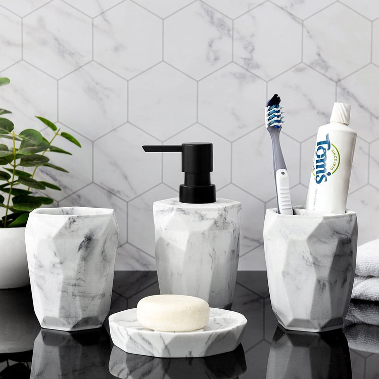 4 Piece Marble Pattern Geometric Style Bathroom Accessory Set - Liquid Soap Lotion Dispenser, Toothbrush Holder, Tumbler, Soap Dish