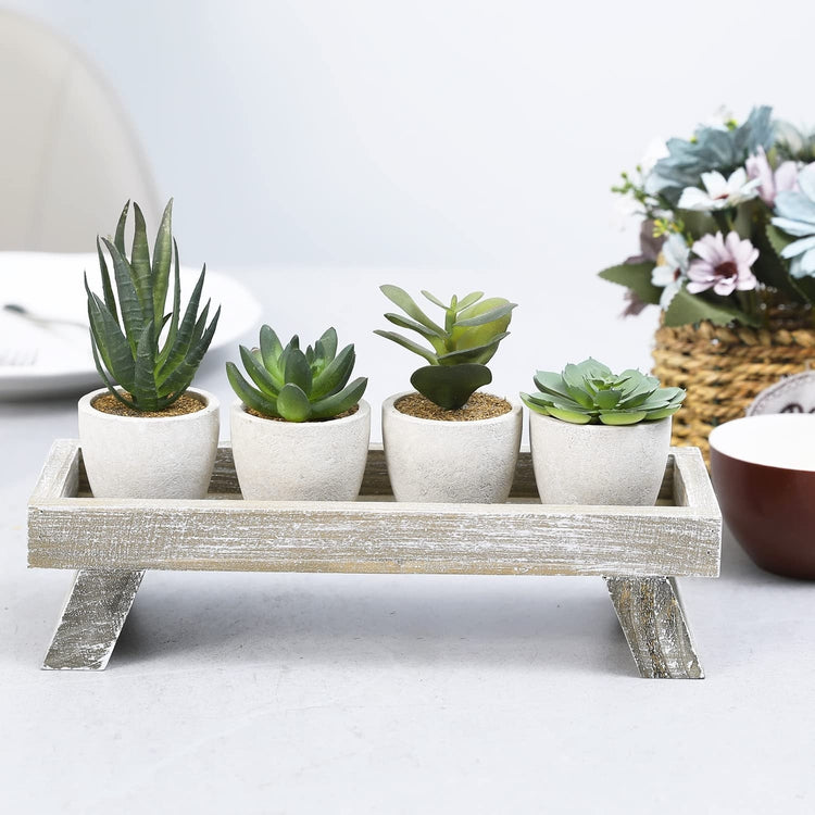5 Piece Assorted Artificial Succulent with Plant Stand, Potted Fake Plant Decor with Distressed Brown Wood Display Tray