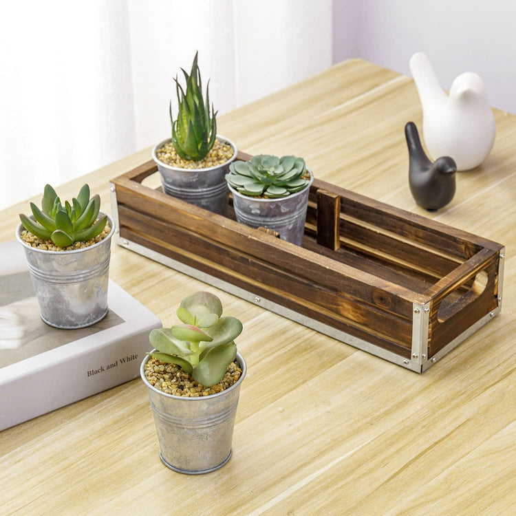 Assorted Mini Artificial Succulent Plants in Galvanized Metal Planter Pots in Burnt Wood Rectangular Display Box-MyGift