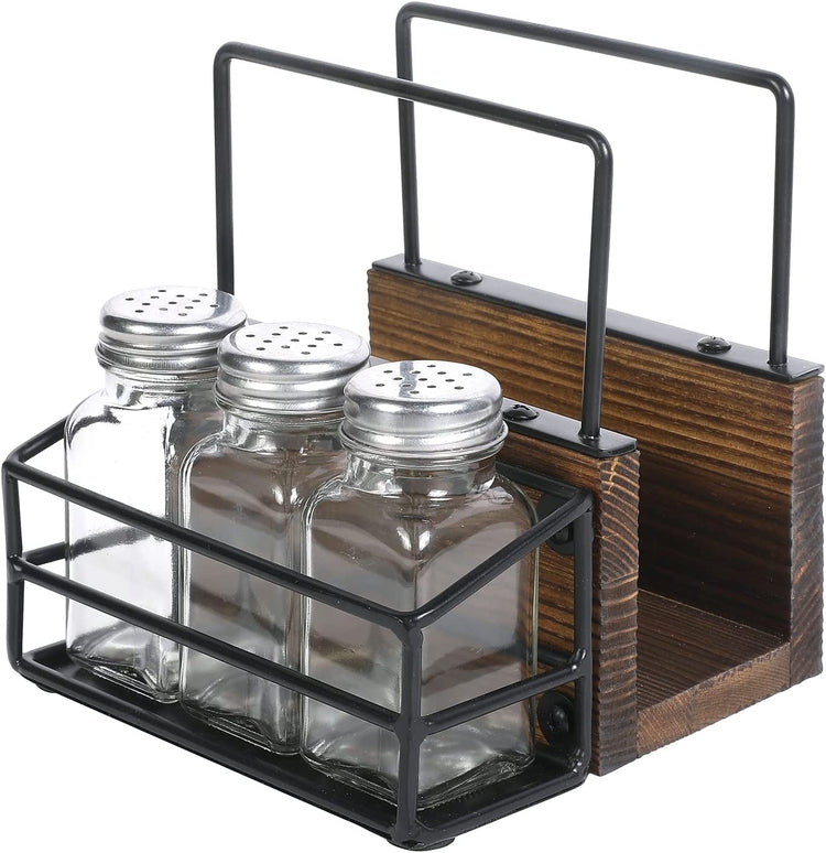 Burnt Wood and Industrial Black Metal Napkin Holder Rack with 3 Salt Pepper Spice Shakers-MyGift