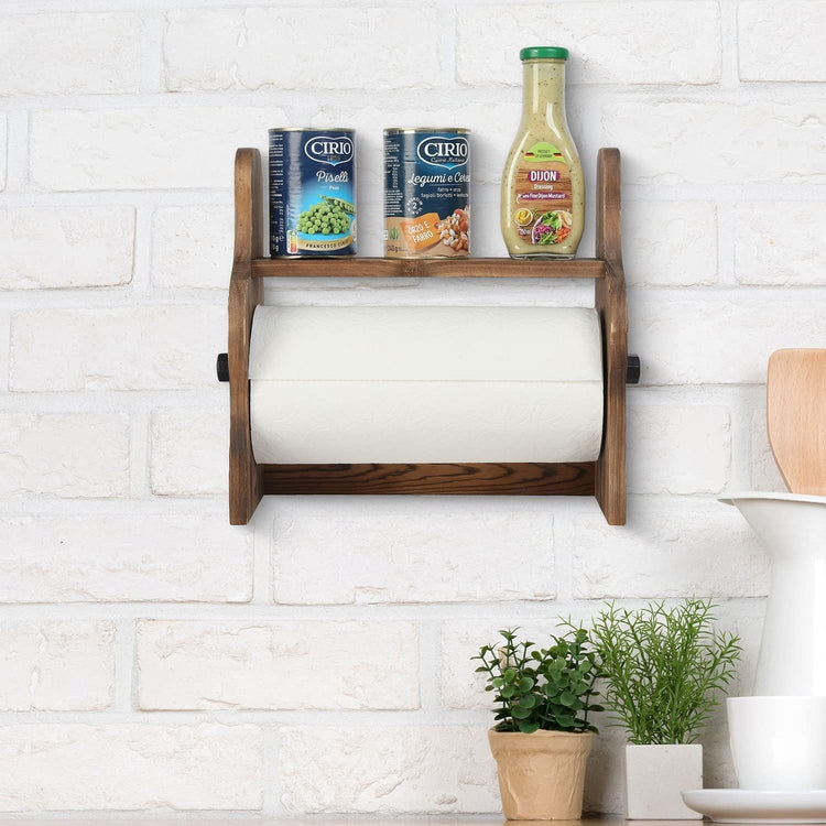 Weathered Gray Wood and Black Industrial Pipe Paper Towel Roll Holder Dispenser with Shelf, Wall Mounted or Countertop