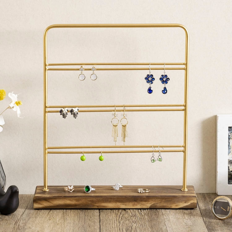 3 Tier Vintage Brass Tone Metal and Burnt Wood Earring Holder, Jewelry Organizer Display Tower