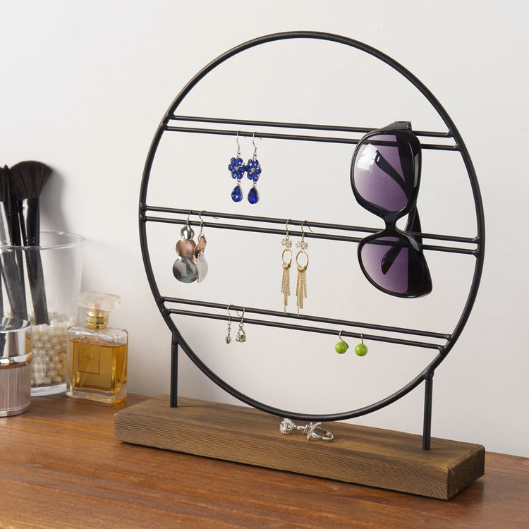 Black Metal Large Circular Earring Holder Organizer Rack with Burnt Wood Base-MyGift