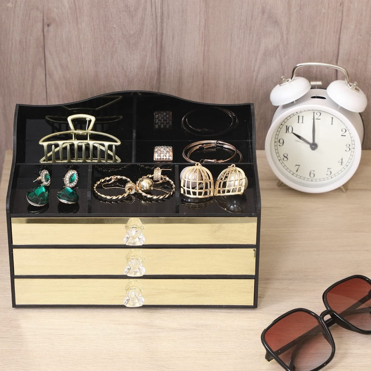 Black Acrylic Jewelry Box, Art Deco Mirrored Brass Tone Storage Drawer Organizer with Velvet Jewelry Tray Liners-MyGift