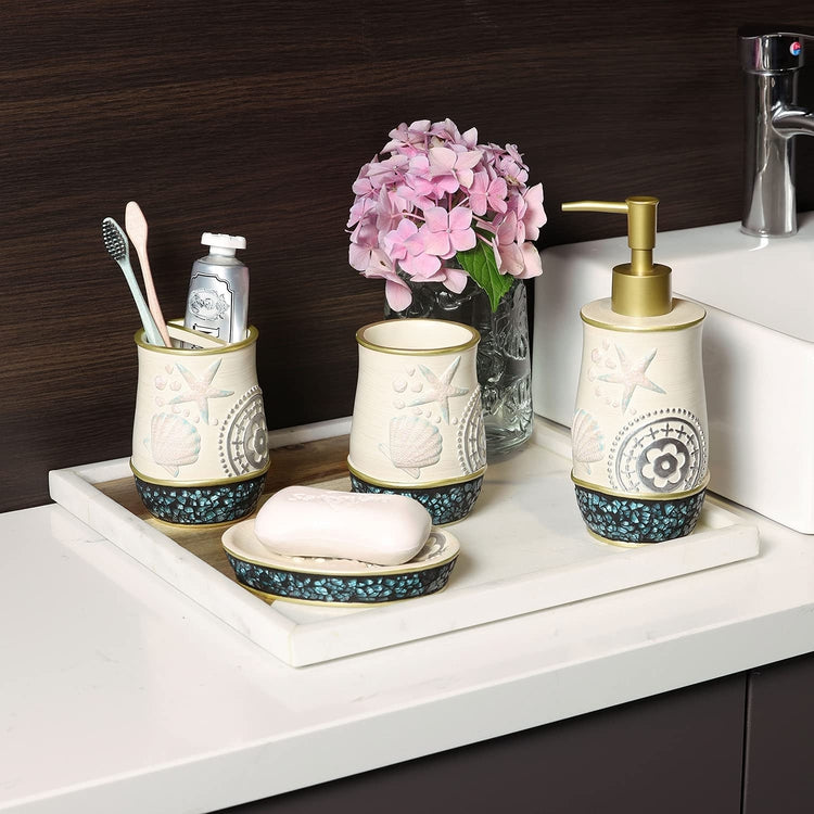 Coastal Style 4 Piece Bathroom Accessories Set with Embossed Seashell Starfish Design-MyGift
