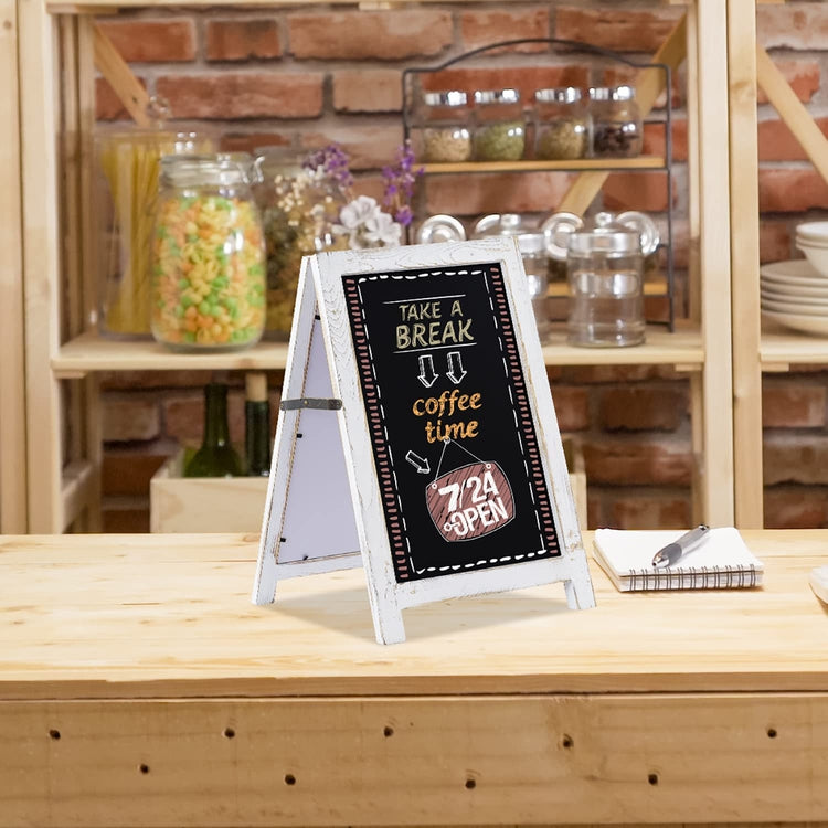 A-Frame Tabletop Double Sided Chalkboard Sign, Whitewashed Wood Framed Freestanding Black Board Sign