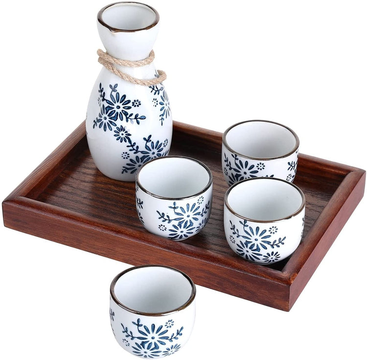 6-Piece Japanese Traditional Style Blue Floral White Ceramic Sake Set with Carafe, 4 Cups, Dark Brown Wood Server Tray-MyGift