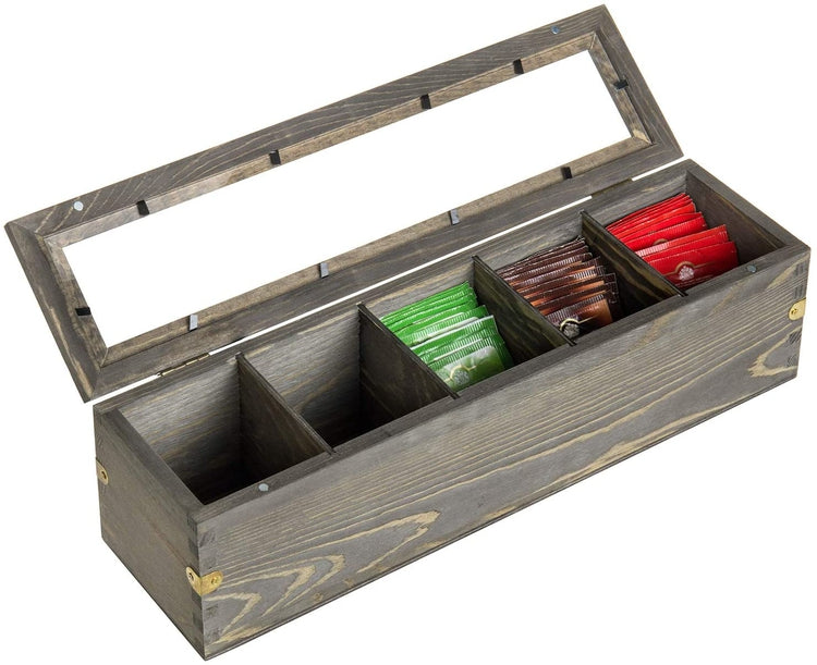 Gray Wood Tea Bag Storage Box with Clear Lid & Brass Metal Accent Wraps-MyGift