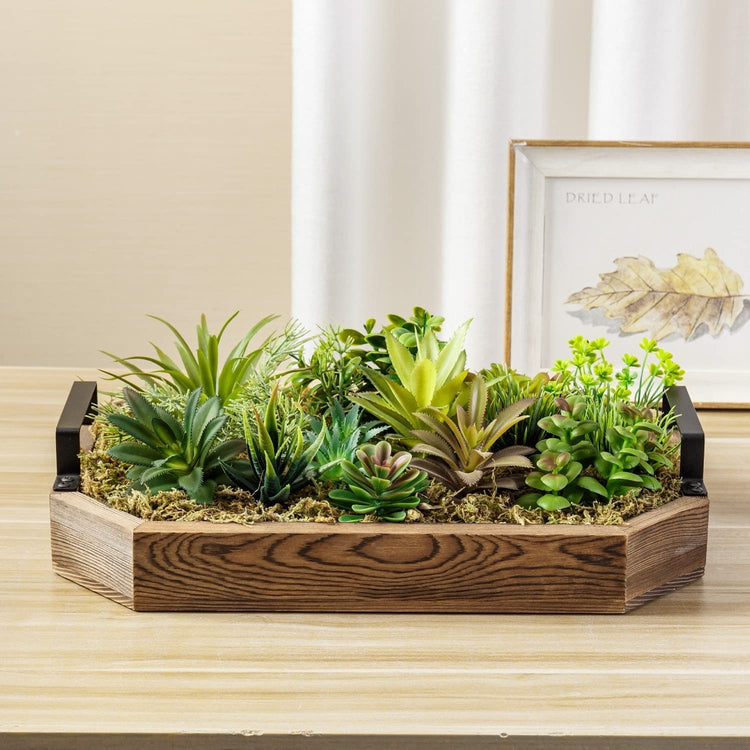 Assorted Artificial Plants Arrangement Tabletop Centerpiece in Burnt Wood Octagonal Tray with Black Metal Handles
