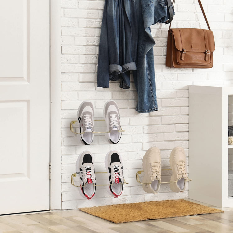Set of 3, Brass-Tone Metal Wall Mounted Shoe Rack, Entryway Closet Shoe Storage Organizer Rack-MyGift