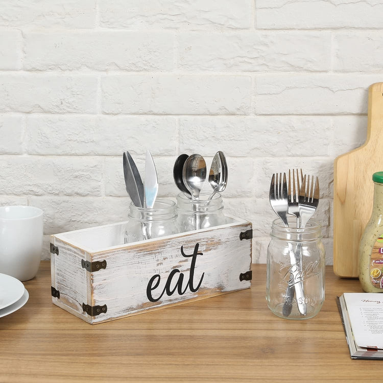 Whitewashed Wood and 3 Glass Mason Jar Dining Utensils Holder with "EAT" Cursive Writing Label-MyGift