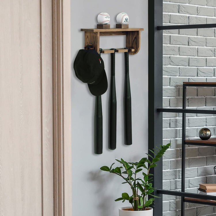 Wall Mounted Baseball Gear Rack, Burnt Wood Hat Rack with Display Shelf, 2 Ball Holder Stands and Cap Glove Hook-MyGift