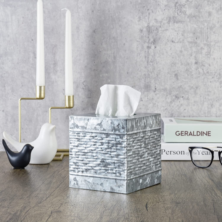Tissue Box Cover, Galvanized Silver Metal Square Facial Tissues Holder with Wave Embossed Pattern