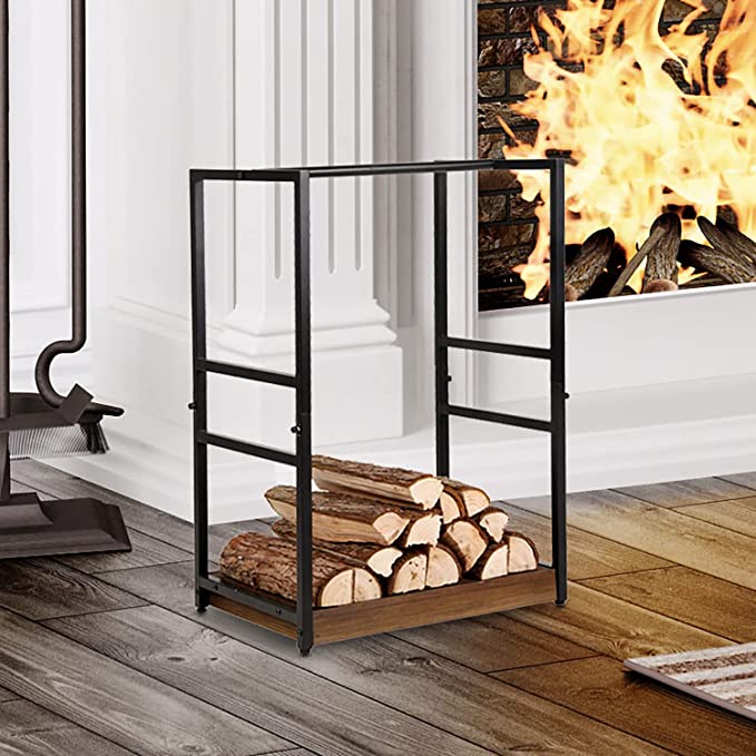 Burnt Brown Wood Base and Black Metal Design Firewood Rack, Freestanding Fire Log Pile Holder-MyGift