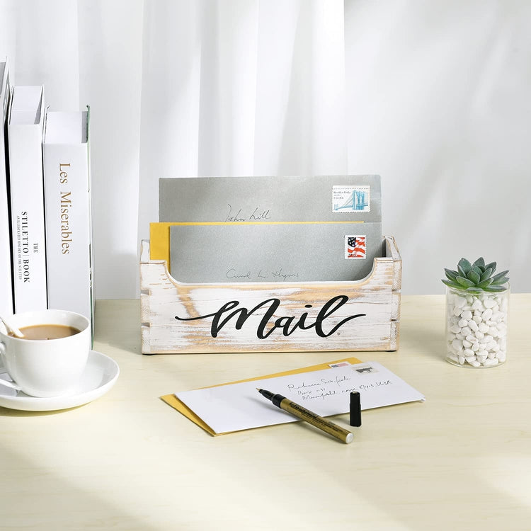 Crate Style Whitewashed Wood Mail Sorter Organizer Box with Cursive Writing "Mail" Label
