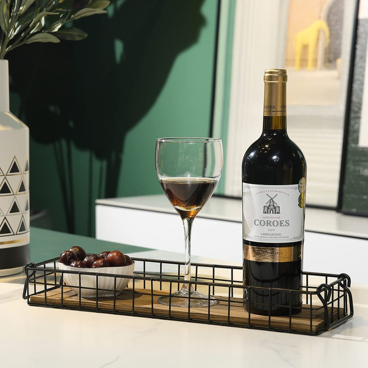 Burnt Brown Wood Rectangular Serving Basket Style Tray with Metal Wire Frame and Handles-MyGift
