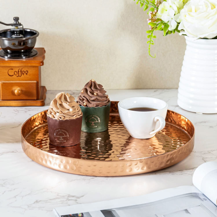 Hammered Copper Round Tray Aluminum Plated Serving Display Platter and Vanity Tray