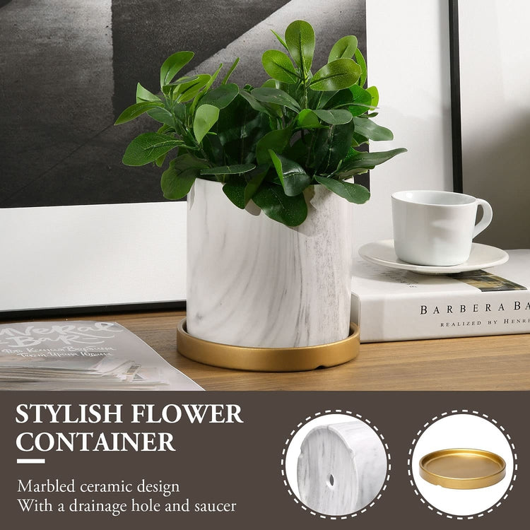 MyGift Modern Small Indoor Plant Pot with Drainage Hole, 6 inch White and Gray Ceramic Marbled Succulent Planter with Removable Gold Tray