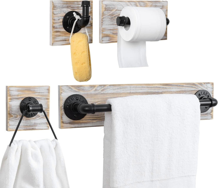 White Washed Wood and Black Metal Pipe Toilet Paper Holder, Hand Towel  Ring, 4-Piece