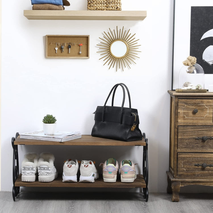2 Tiered Shoe Rack, Vintage Metal Scrollwork and Burnt Wood Shoe Bench Shelves