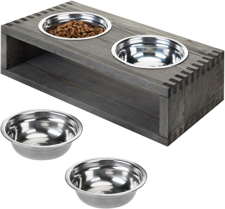 Gray Wood Small Pet Raised Feeder Stand with 4 Removable Stainless Steel Bowls-MyGift