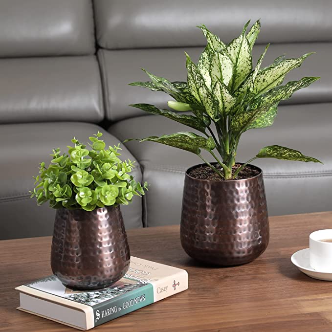 Succulent Planter with Handcrafted Hammered Design, Copper Metal Plant Pot, 2 Piece Set-MyGift