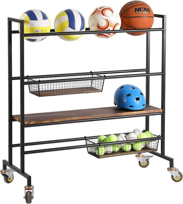 Heavy Duty Black Metal Sports Equipment Rolling Rack with Wood Shelves, Gym Ball Cart with Wire Storage Baskets-MyGift