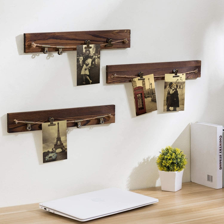 Set of 3, Burnt Brown Wood, Wall-Hanging Picture Display Rail, Photo Clip Holder Frame with 10 Vintage Clips-MyGift