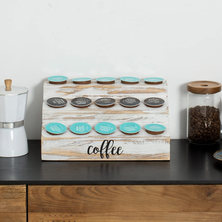 Coffee Station Organizer, Whitewashed Wood Step Style Coffee Pods Holder Storage Rack with Black Cursive COFFEE Label
