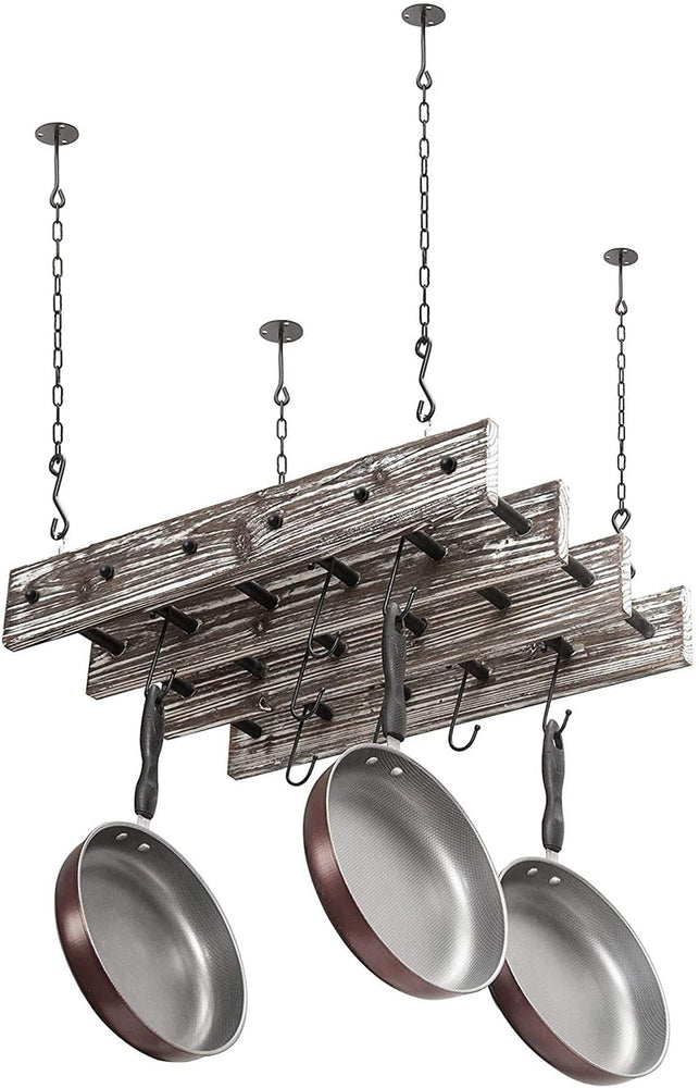 Ceiling Mounted Torched Wood Hanging Pot Rack, Industrial Pipe 8-Hook Pot Rack