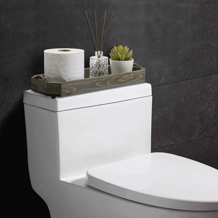 Rustic Burnt Gray Solid Wood Octagonal Rectangular Toilet Tank Vanity Organizer Serving Tray with Antique Metal Handles