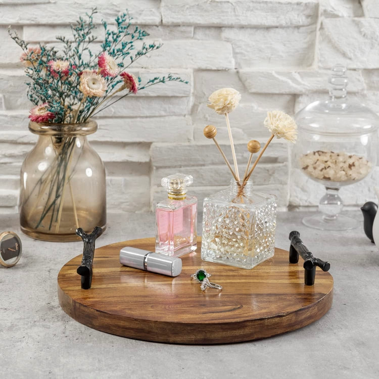 Burnt Brown Mango Wood Round Serving Tray Centerpiece with Cast Iron Branch Design Handles