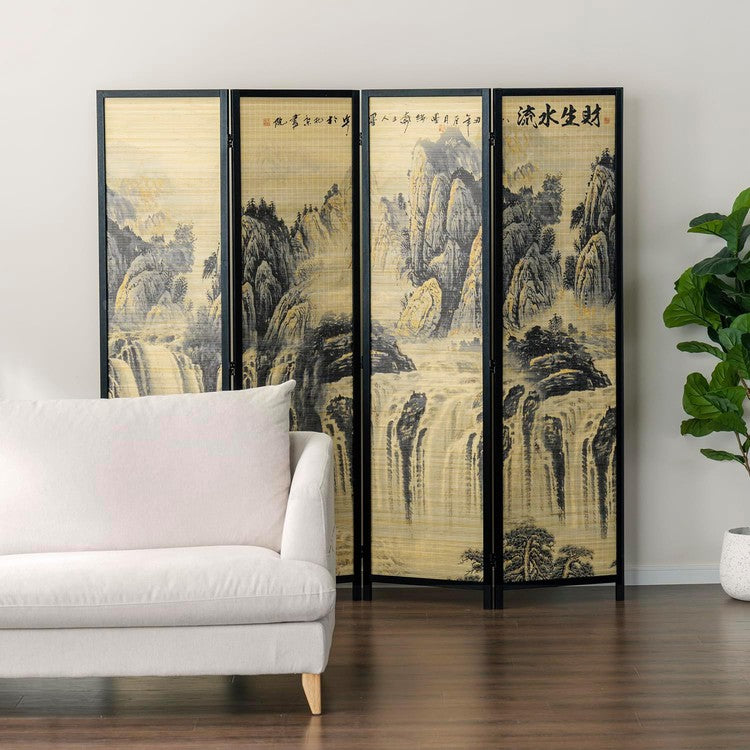 Paneled Black Frame Freestanding Room Divider Bamboo Folding Privacy Screen with Dual Sided Asian Mountain & Waterfall
