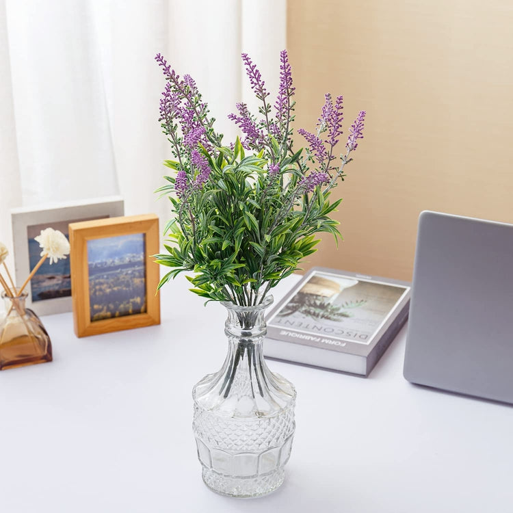 Mini Tabletop Faux Flowers Bouquet, Artificial Lavender Stems with Vintage Glass Vase
