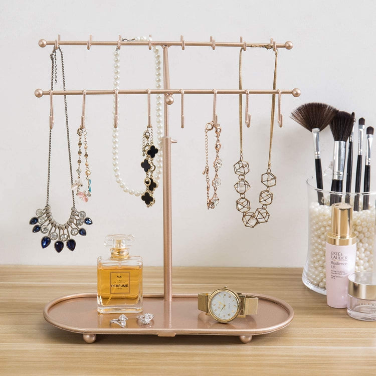 Rose Gold-Tone Metal,  Adjustable Height 24 Hook Jewelry Organizer and Necklace Hanger with Ring Tray, 15 inch