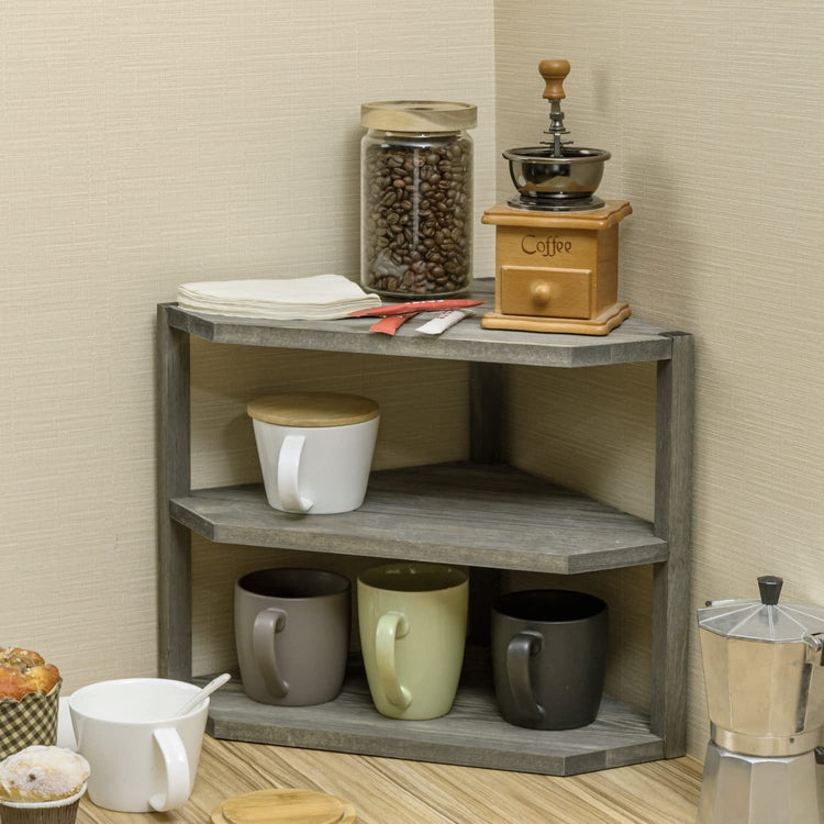 3 Tiered Weathered Gray Wood Kitchen Countertop Corner Organizer