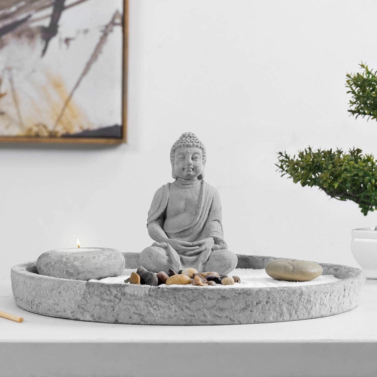 Gray Cement Buddha Statue Zen Tabletop Garden Kit with Sand, Rock, Rake & Candle Holder
