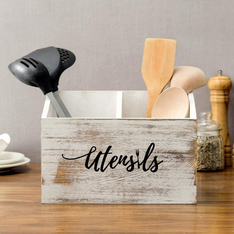 Rustic Whitewashed Solid Wood Kitchen Caddy with Cursive "Utensils" Text