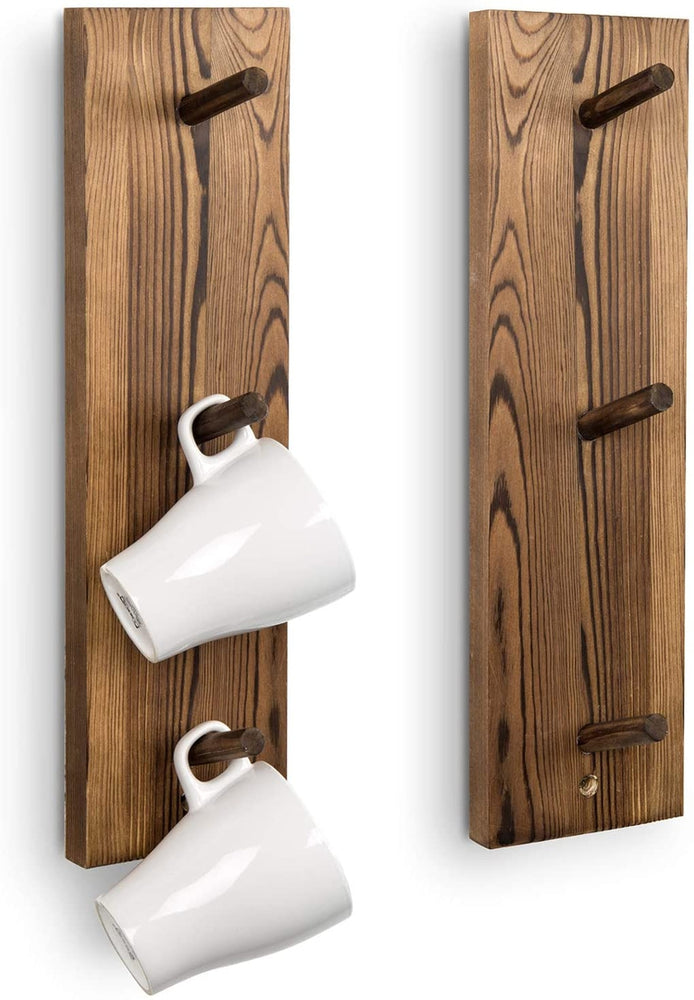 Set of 2, Burnt Wood Wall Mounted 3-Hook Mug Hanging Storage Rack-MyGift