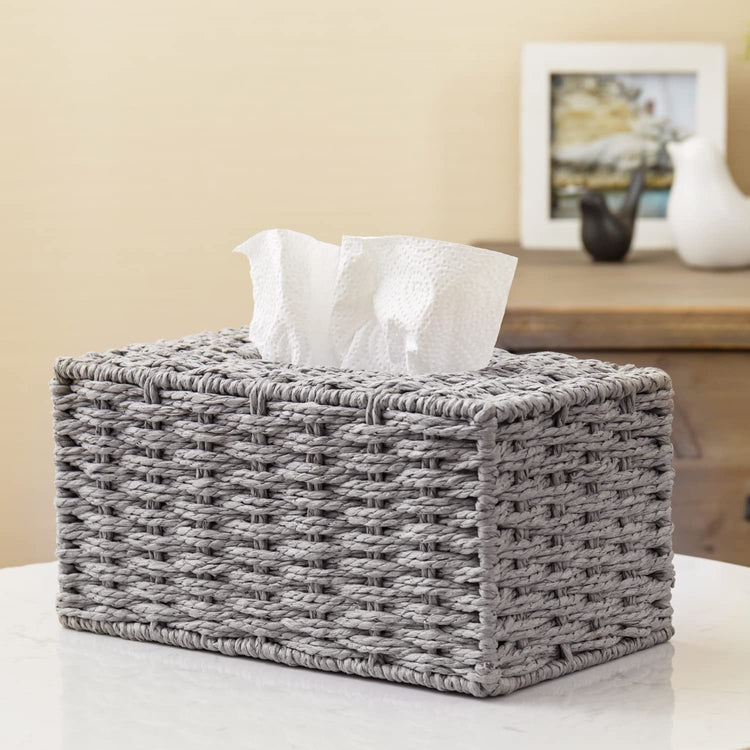 Decorative Gray Paper Rope Woven Rectangular Tissue Box Holder Cover-MyGift