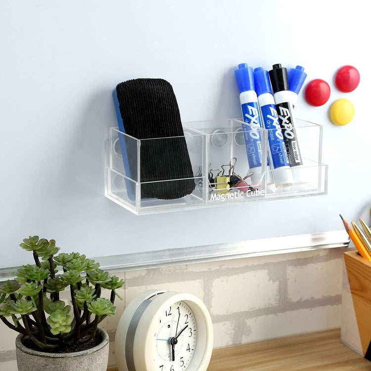 Clear Acrylic Magnetic Dry Erase Whiteboard Marker Holder Set with 1 Tray and 3 Detachable Boxes-MyGift