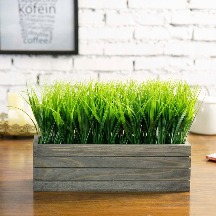 Artificial Faux Grass Plant in Vintage Gray Wood Rectangular Crate Style Planter Window Box-MyGift