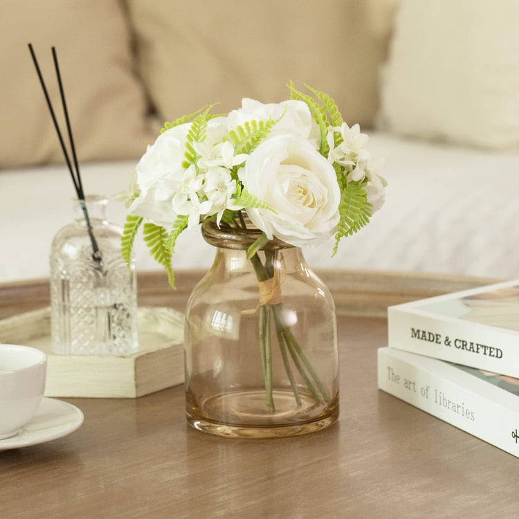 White Artificial Rose Fake Flowers Bouquet with Mid Century Style Mini Amber Tone Glass Vase