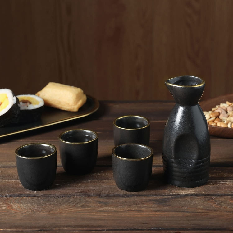 5 pc Japanese Oriental Style Black and Gold Rim Ceramic Sake Set with Serving Carafe Bottle and 4 Shot Cup Glasses