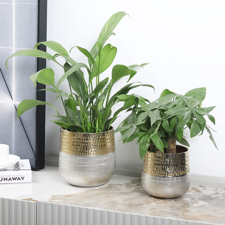 planter sets indoor Round Indoor Planter Pot, Hammered Brass and Milled Embossed Silver Tone Metal Planter, Set of 2